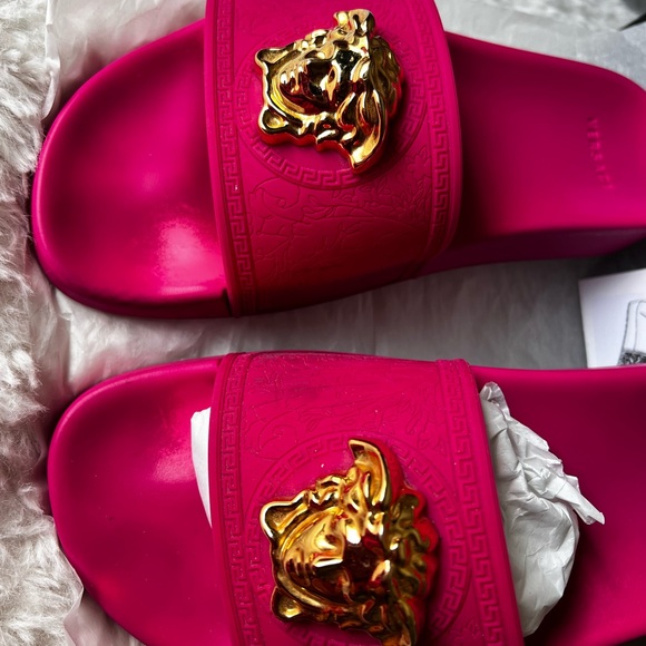 Versace Shoes - Versace Pink Slides with Gold Medusa
